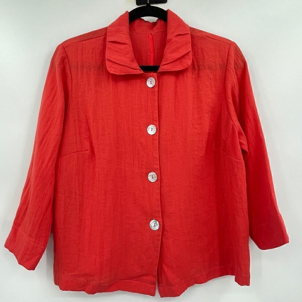Fridaze Orange Linen Redefined 3/4 Sleeve Button Up Shirt Jacket Small